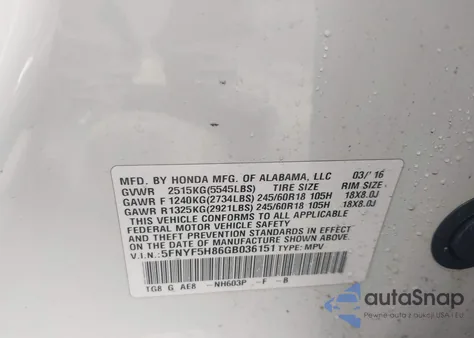 2016 Honda Pilot Ex-L из США, поврежденный, VIN 5FNYF5H86GB036151